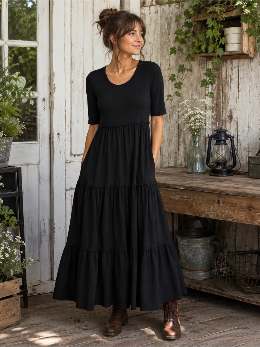Matilda Jane Women M Black Tiered Maxi Dress Cotton Stretch Cottagecore Boho